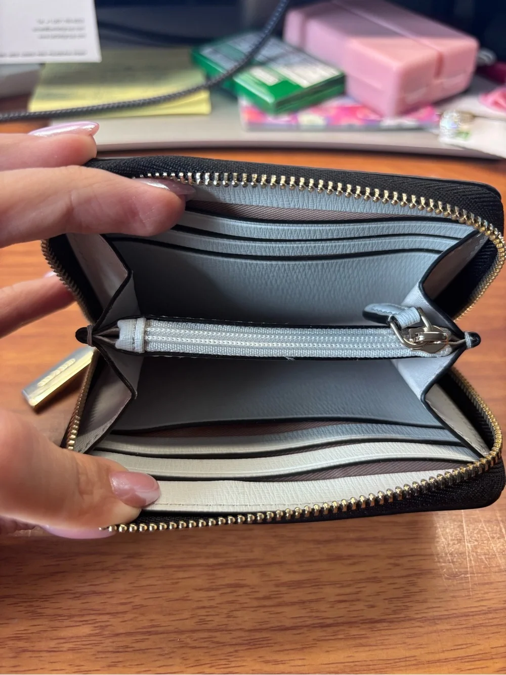 Kate Spade Black Textured Leather Zip Card Holder with Gold Logo